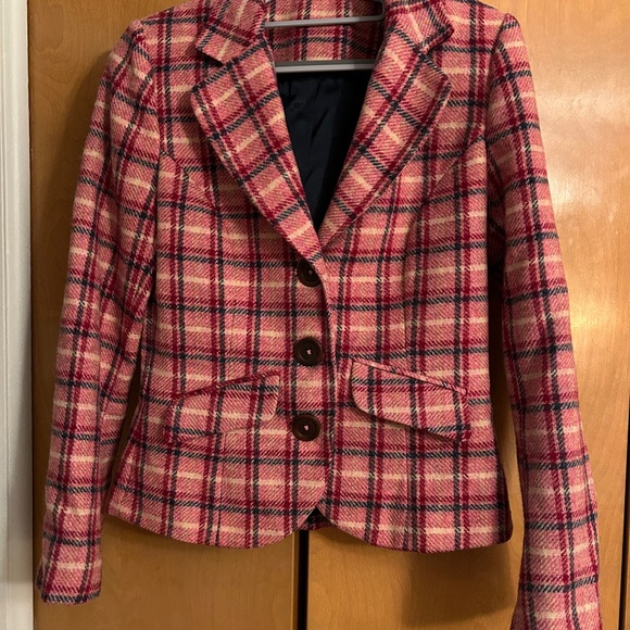 Boden Jackets & Blazers - Boden Blazer Size 10 (UK) Pink Red Check Plaid Wool Tweed Preppy Academia Riding